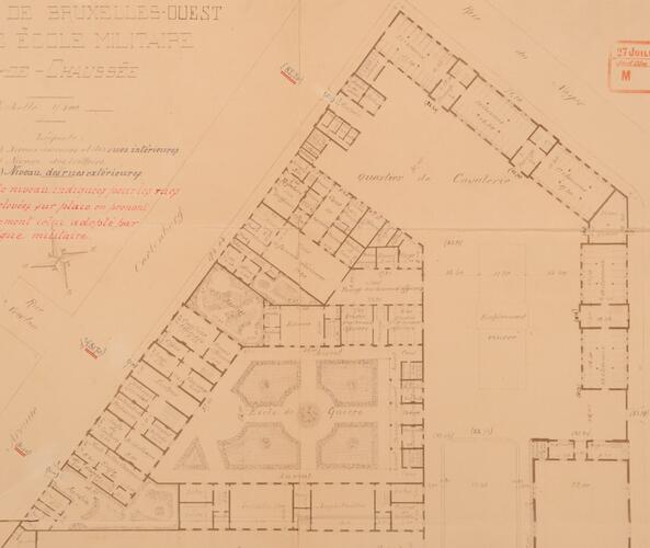 Plan van de Militaire School, kwartieren van de Krijgsschool en de Cavalerie, benedenverdieping, SAB/OW 4171 (1899).