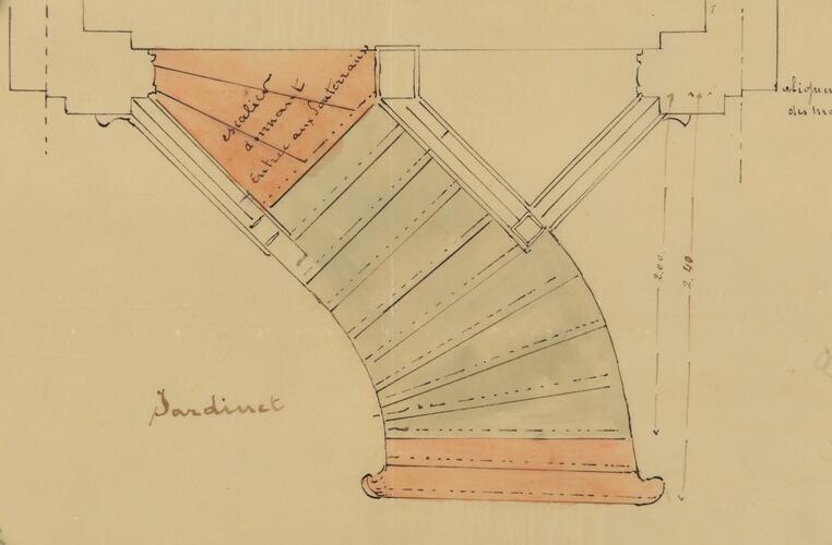 Ambiorixsquare 11, schets voor de wijziging van het <a href='/nl/glossary/38' class='info'>bordes<span>1. Verhoogd platform vóór de ingang van een gebouw, bereikbaar via een aantal treden; - 2. Vloertje, boven aan of midden in een trap.</span></a>, opstand, SAB/OW 122 (1900). 