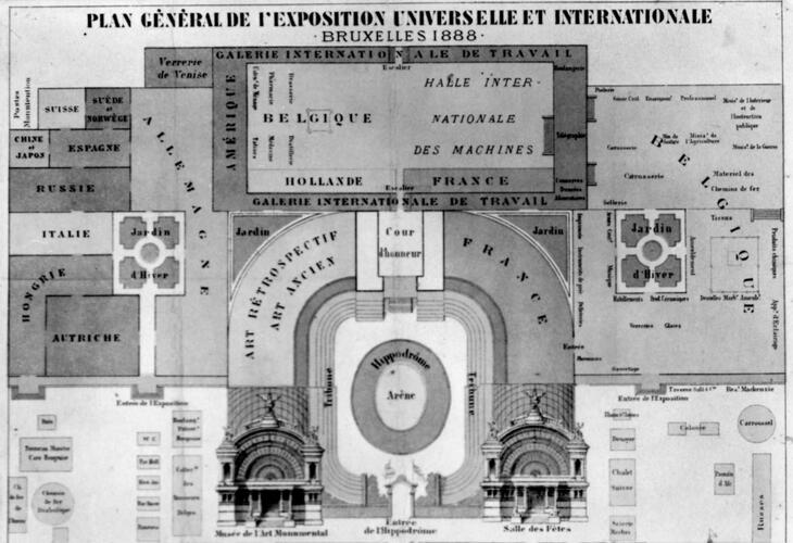 Detail van het plan van de Grote Internationale Wedstrijd voor Wetenschappen en Nijverheid van 1888 in het Jubelpark (Verzameling AAM).