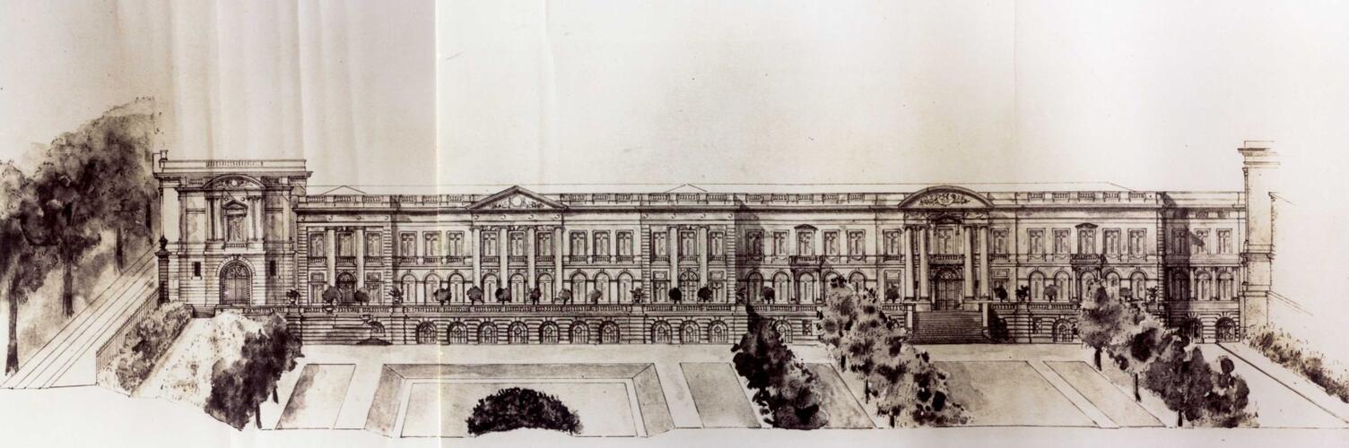 Projet pour l’aile nord du Cinquantenaire, conçu par Léopold Piron en 1905 mais non réalisé (collection Archives du Musée royal de l’Armée et d’Histoire militaire, reproduction AAM).