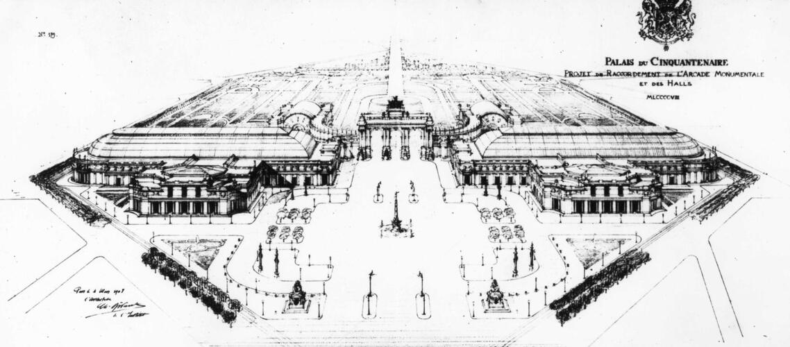 Ontwerp van de nieuwe gevels voor de grote hallen van het Jubelpark, Charles Girault, maart 1908, niet uitgevoerd (Verzameling Archief van het Koninklijk Museum voor Midden-Afrika, Tervuren, reproductie AAM).