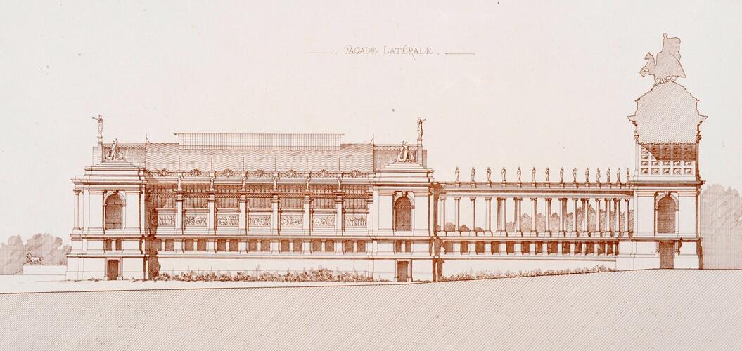 Ontwerp van het noordelijk paviljoen, door Gédéon Bordiau voor de Nationale Tentoonstelling van 1880, zuidelijke opstand, [i]L’Émulation[/i], 1881, pl. 5.