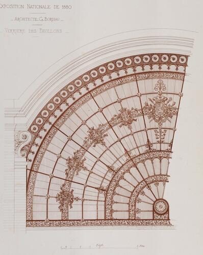 Detail van het glaswerk van de paviljoenen ontworpen door Gédéon Bordiau voor de Nationale Tentoonstelling van 1880, [i]L’Émulation[/i], 1881, pl. 7.