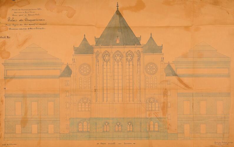 Eerste ontwerp voor de kapel van de kloostergang van de KMKG, in 1905 ontworpen door L. Piron, gevel langs de kant van Tervuren (ARA/Ministerie van Openbare Werken, Administratie van Gebouwen, Kaarten en Plannen van Overheidsgebouwen, 27-40).