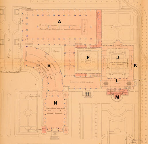 Plan van het zuidelijk gedeelte van het Jubelpaleis, in 1900 ontworpen door Gédéon Bordiau (ARA/Ministerie van Openbare Werken, Administratie van Gebouwen, Kaarten en Plannen van Overheidsgebouwen, 27-40).