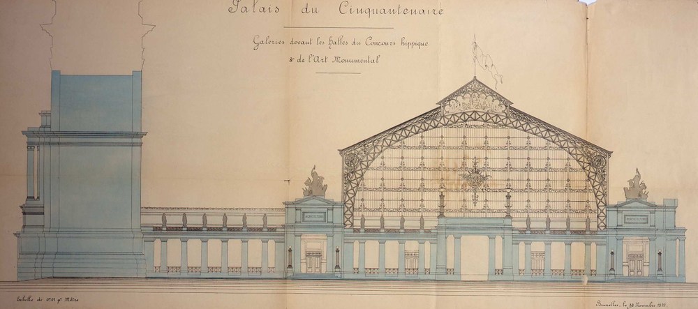 Ontwerp van de nieuwe gevels voor de grote hallen van het Jubelpark, Gédéon Bordiau, 1899, niet uitgevoerd, opstand in de richting van de esplanade (Verzameling AAM).