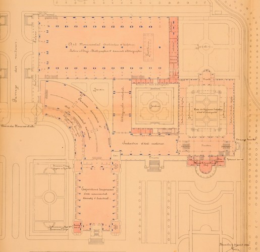Plan van het zuidelijk deel van het Jubelpaleis, in 1900 opgesteld door Gédéon Bordiau (ARA/Ministerie van Openbare Werken, Administratie van Gebouwen, Kaarten en Plannen van overheidsgebouwen, 27-40).