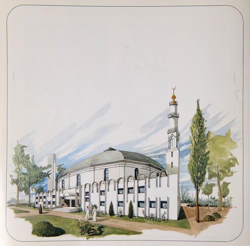 Grande Mosquée et Centre islamique et culturel de Belgique, projet aquarellé, [i]Centre islamique et culturel à Bruxelles[/i], [1976].