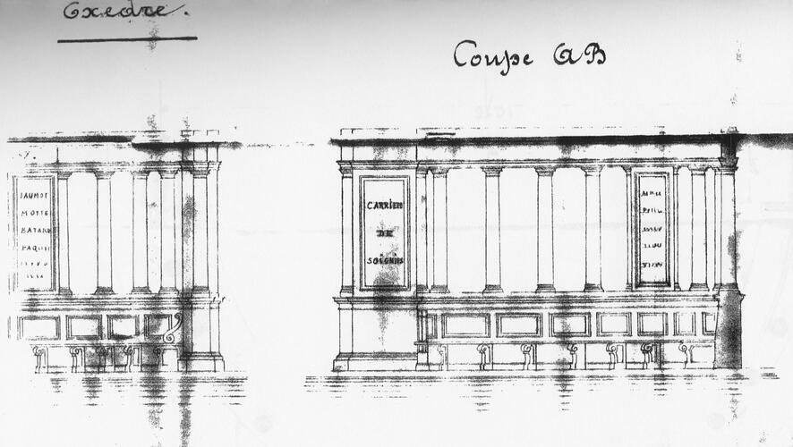 In 1897 door Gédéon Bordiau ontworpen exedra in het Jubelpark, doorsnede (BOAS, S., CORTEN, I., 2002-2003).