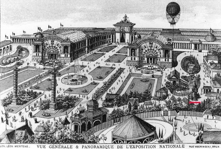 [i]Vue générale et panoramique de l’Exposition nationale[/i], lith. Léon Mertens, 1880 ; la Tour Beyaert est mise en évidence sur la droite de l’image (collection AAM).