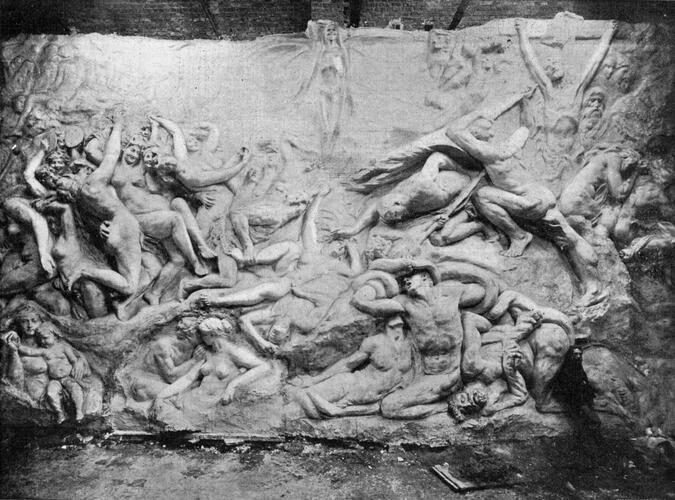 [i]De menselijke driften[/i], Jef Lambeaux tijdens de uitvoering van zijn werk, [i]Bruxelles Exposition 1897[/i], Rossel, Brussel, 1897, p. 66 (Verzameling AAM).