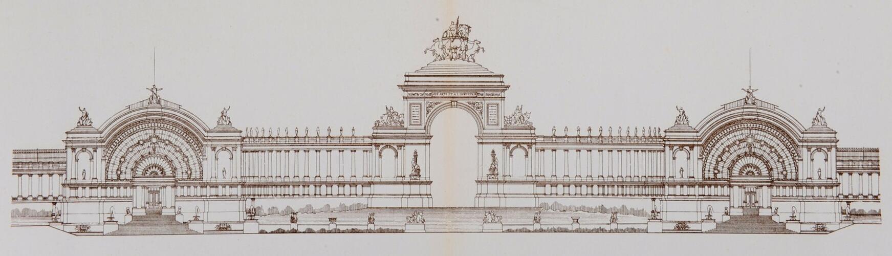 Ontwerp van een paleis voor de Nationale Tentoonstelling van 1880, tekening van Gédéon Bordiau, opstand in de richting van de stad, [i]L’Émulation[/i], 1881, pl. 3-4