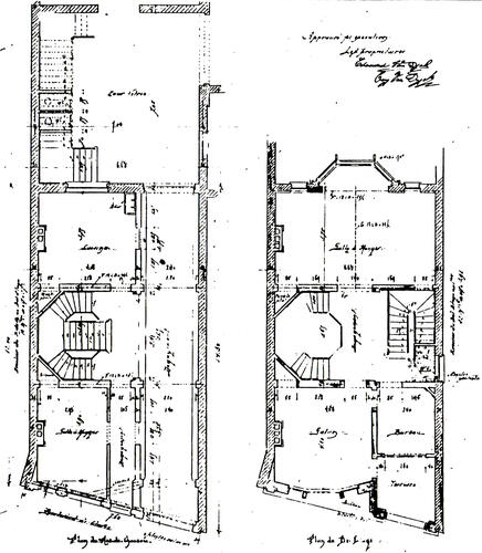 Clovislaan 85-87, ontwerp van 1900, grondplan van de benedenverdieping en de eerste verdieping (© Architecture Archive – Sint-Lukasarchief).