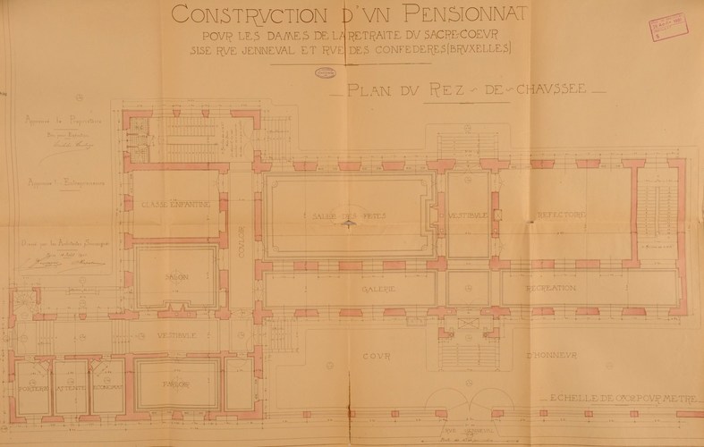 Eedgenotenstraat 70, pensionnat des Dames de la Retraite du Sacré-Cœur, grondplan van benedenverdieping, SAB/OW 908 (1902).