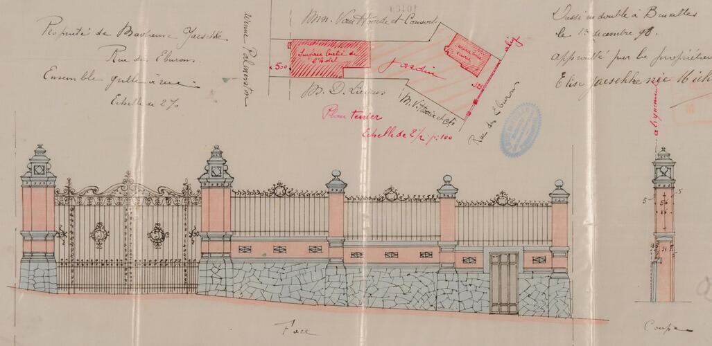 Rue des Éburons 85, mur de clôture, élévation, AVB/TP 10409 (1898). 