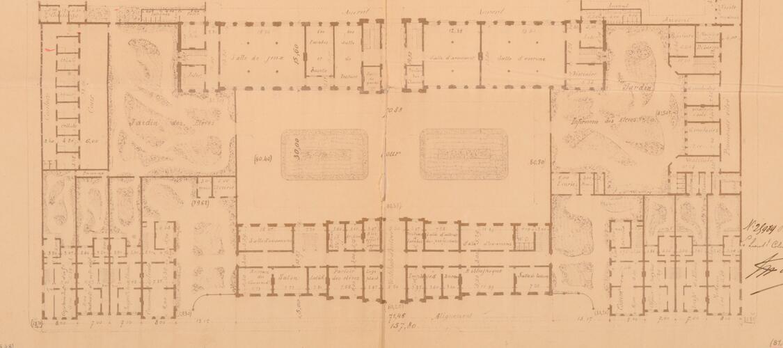 Plan de l'École militaire, quartier de l'École militaire, autour de la cour d'honneur, rez-de-chaussée, AVB/TP 4171 (1899).
