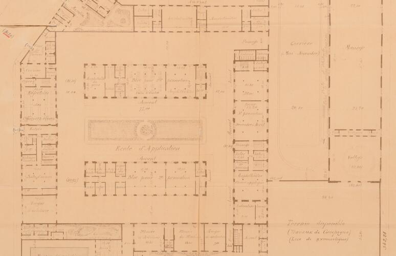 Plan de l'École militaire, quartier de l'École d'Application, rez-de-chaussée, AVB/TP 4171 (1899).