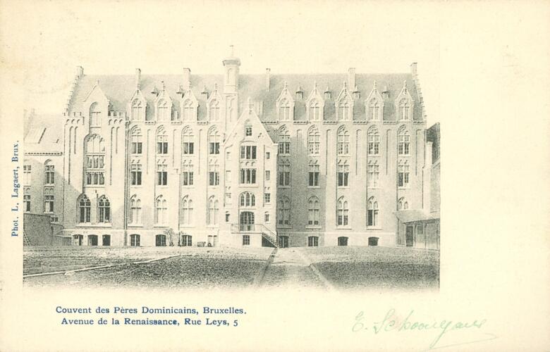 Rue Leys 5, couvent des Dominicains, façade arrière, avant la construction de l'église (Collection de Dexia Banque, s.d.).