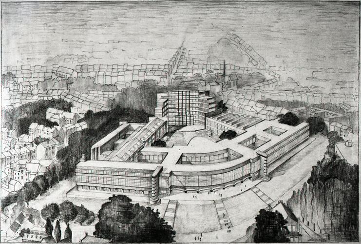 Voorontwerp voor de uitbreiding van het Koninklijk museum voor Natuurwetenschappen uit 1933 door architect Lucien De Vestel, © AAM – Institut des Sciences Naturelles.