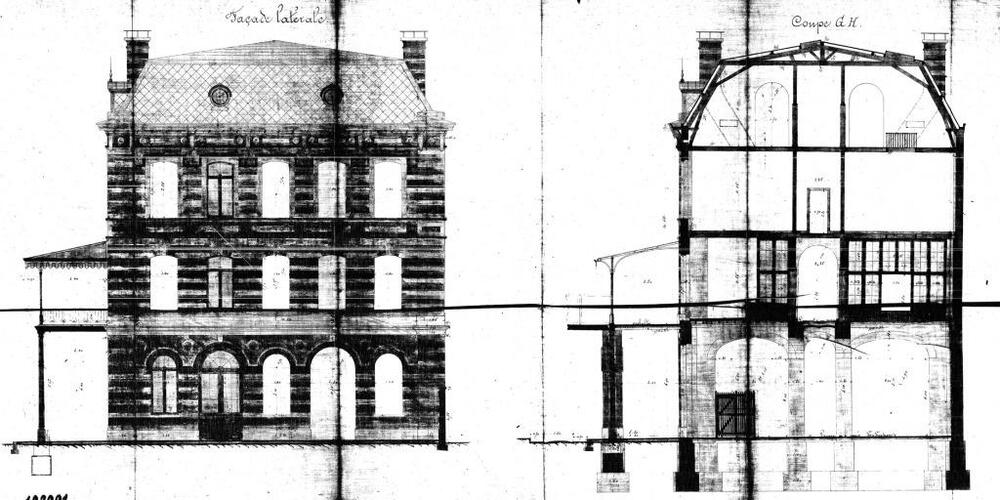 Rue du Champ de l’Église 2, gare de Laeken, élévation arrière et coupe, 15.07.1879 (© Coll. SNCB).