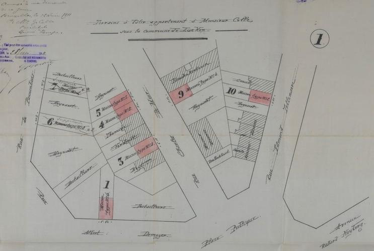 Rue Charles Demeer 110, 116, 118 et 91, rue Albert De Meyer 7, rue Edmond Tollenaere 16, plan d’implantation de l’ensemble, AVB/TP Laeken 4139 (1911).