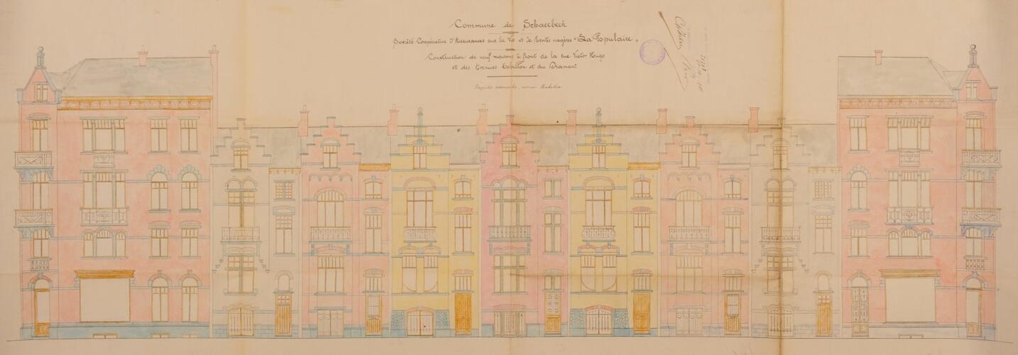 Rue Victor Hugo 70-72 et avenue Léon Mahillon 44 à 58-60, <a href='/fr/glossary/183' class='info'>élévations<span>Dessin à l'échelle d'une des faces verticales d’un édifice. Par extension, façade d'un bâtiment ou ensemble de ses façades.</span></a>, ACS/Urb. 168-44-60 (1911).