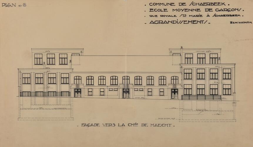 Rue Royale Sainte-Marie 168, école moyenne de garçons, élévation transformée vers la chaussée de Haecht, ACS/TP École moyenne de garçons rue Royale-Sainte-Marie (1937).