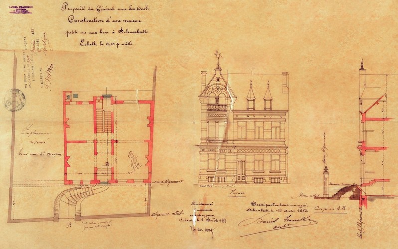 Rue Édouard Fiers 35-37, plan du rez-de-chaussée, élévation et coupe de la façade, ACS/Urb. 72-35 (1888).