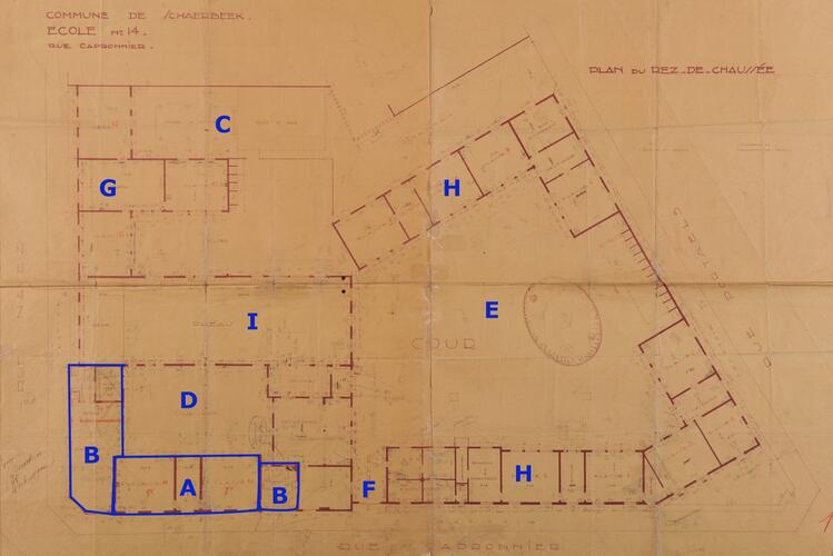 Rue Capronnier 1, École communale n[sup]o[/sup] 14, plan d'ensemble légendé, ACS/TP Farde 9-École n[sup]o[/sup] 14 (1938).