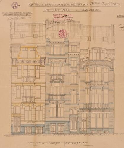 Rue Max Roos 33, 35 et 37, <a href='/fr/glossary/183' class='info'>élévations<span>Dessin à l'échelle d'une des faces verticales d’un édifice. Par extension, façade d'un bâtiment ou ensemble de ses façades.</span></a>, ACS/Urb. 190-33-37 (1913).