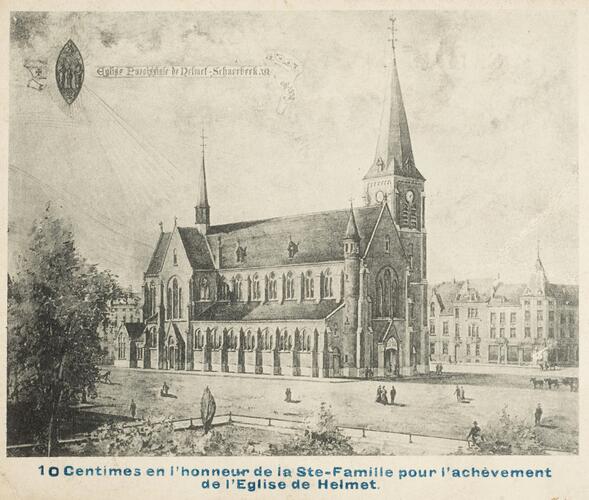 Square François Riga, représentation de l'église de la Sainte-Famille telle qu'elle devait être achevée (Collection Dexia Banque-ARB-RBC).