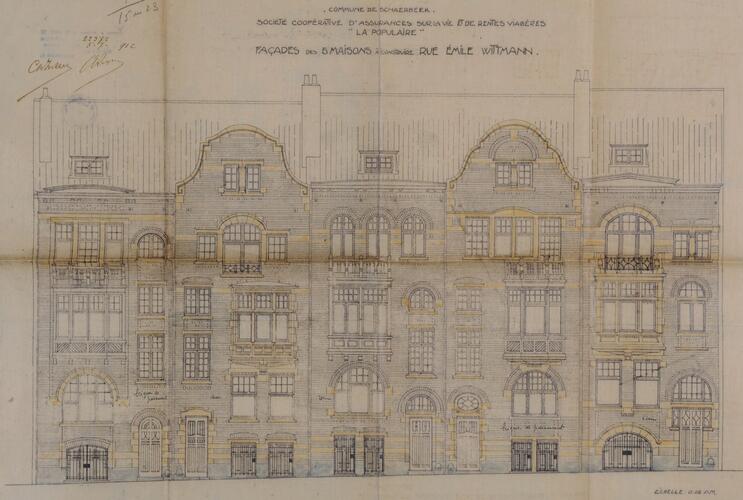 Rue Émile Wittmann 23 à 15, <a href='/fr/glossary/183' class='info'>élévations<span>Dessin à l'échelle d'une des faces verticales d’un édifice. Par extension, façade d'un bâtiment ou ensemble de ses façades.</span></a>, ACS/Urb. 78-15-23 (1912).