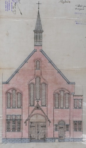 Avenue Dailly 136-142, église Sainte-Alice, chapelle provisoire de 1905, élévation, ACS/Urb. 61-136-142 (1905).