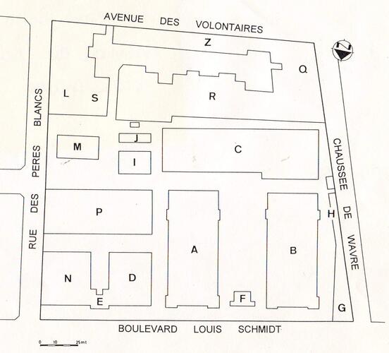 Boulevard Louis Schmidt 1-7. Ancien arsenal du Charroi, plan de situation.