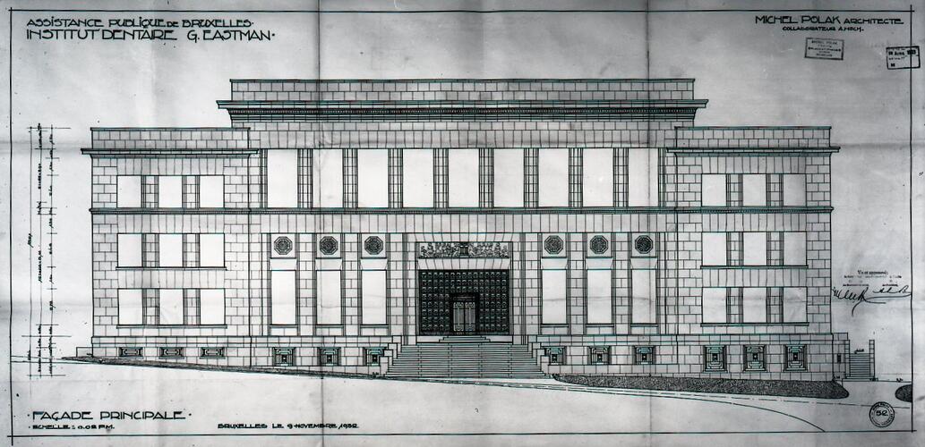 Het Institut Eastman : opstand van de hoofdgevel door architect Michel Polak, 1932, AAM / fonds des architectes / fonds Polak.