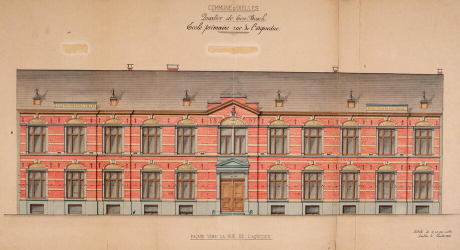 Rue de l’Aqueduc 161, École communale nsupo/sup 10, élévation, ACI/TP 3f160, 3f167 École Tenbosch (1896).