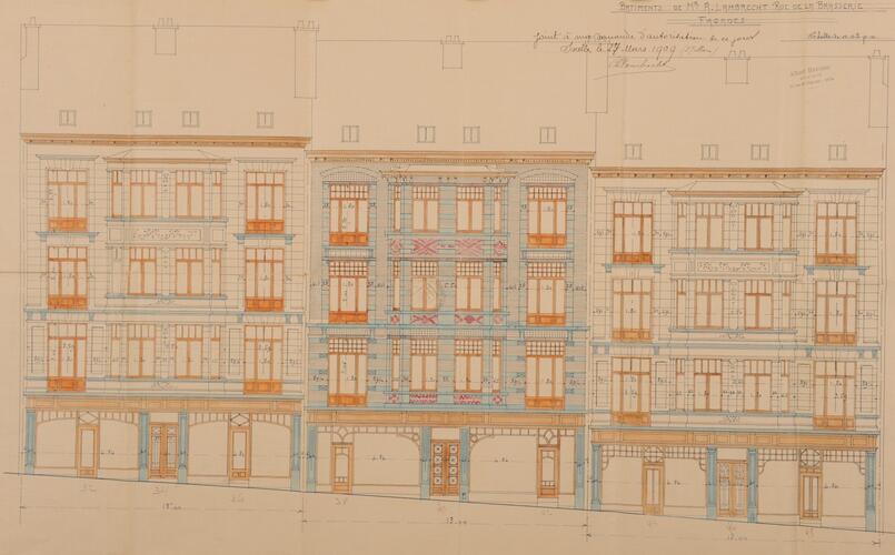 Rue de la Brasserie 32-34-36, 38-40-42 et 44-46-48, <a href='/fr/glossary/183' class='info'>élévations<span>Dessin à l'échelle d'une des faces verticales d’un édifice. Par extension, façade d'un bâtiment ou ensemble de ses façades.</span></a>, ACI/Urb. 46-32-48 (1909).