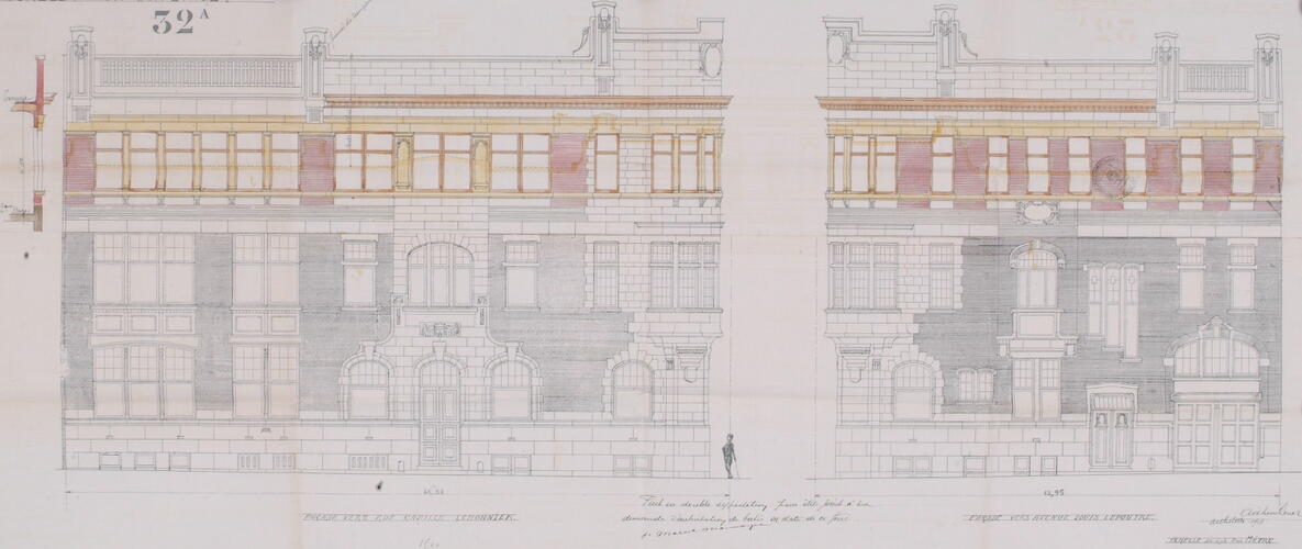 Avenue Louis Lepoutre 28-30 – rue Camille Lemonnier 1, élévation montrant l’étage à ajouter, ACI/Urb. 56-1 (1911).