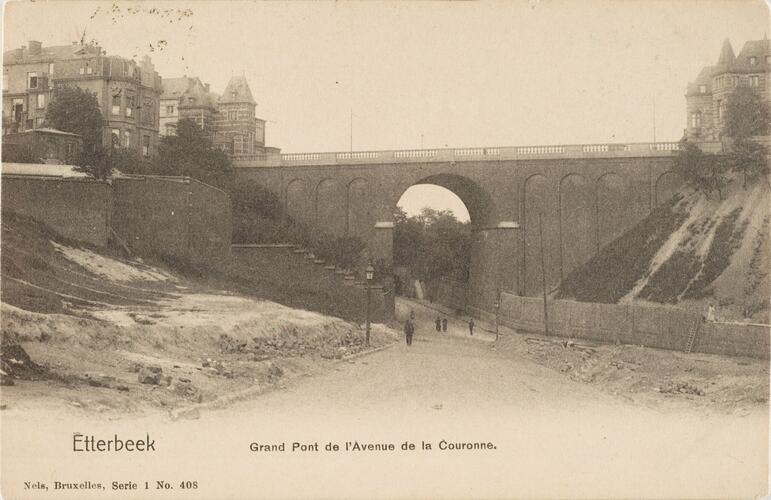 Avenue de la Couronne/rue Gray, viaduc enjambant la vallée du Maelbeek, s.d (Collection cartes postales Dexia Banque).