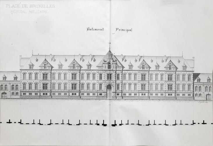 Avenue de la Couronne, hôpital militaire, plan élévation du bâtiment principal, (© archives du Musée royal de l’Armée et d’Histoire militaire, Atlas de l’hôpital militaire, BM121R).