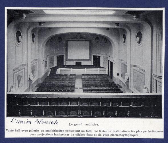 Rue de Stassart 34, ancienne Union Coloniale Belge, la grande salle de conférences, entre 1912 et 1948, © Archives UGENT.