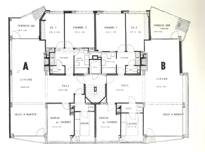 Avenue Ernestine 9-11, plan d'un étage-type ([i]La Maison[/i], 2, 1962, p. 65).