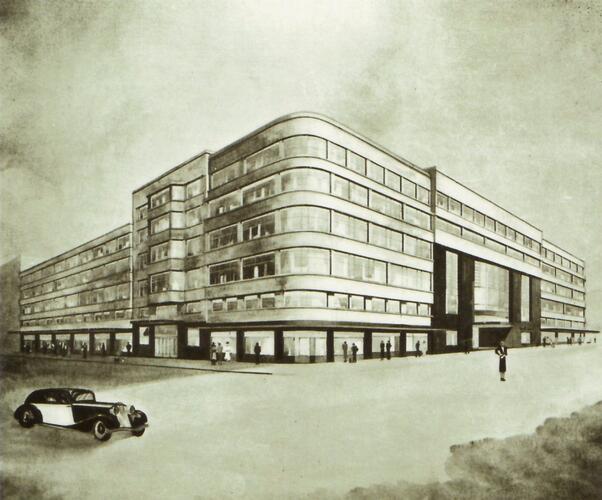 Ancien Institut national de radiodiffusion, projet initial de J. Diongre, 1933 (© fonds d’archives BRT), reproduit dans [i]Flagey[/i], 2002.