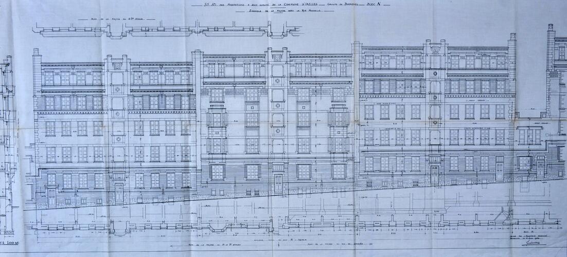 Complexe d’immeubles de logements sociaux, élévation à front de l’avenue Pierre et Marie Curie, ACI/Urb. 253-2 à 20 (1935) ; 136-2 à 24 (1932).