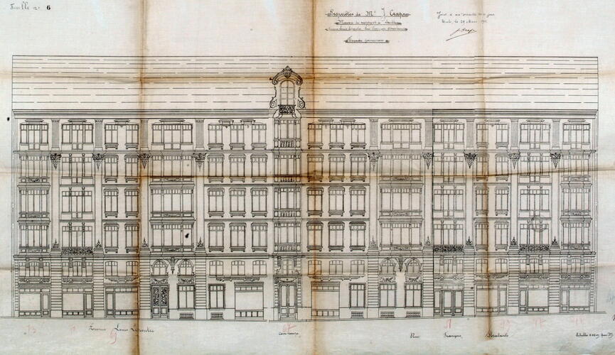 Rue François Stroobant 45-51 et avenue Louis Lepoutre 67-73, avant-projet non réalisé des façades, ACI/Urb. 138-45-51 (1911).