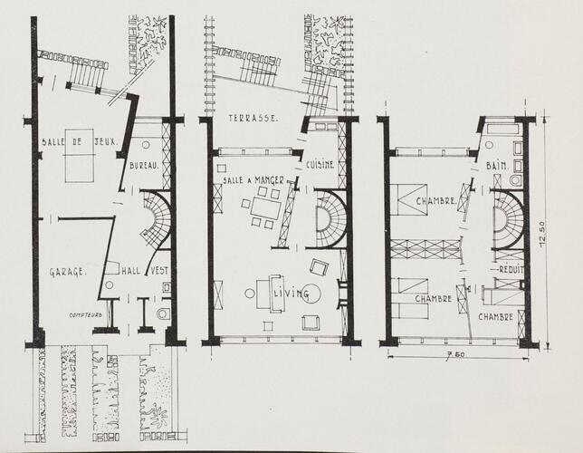 George Bergmannlaan 41, plan van de drie bouwlagen, [i]La Maison[/i], 11, 1954, p. 329.