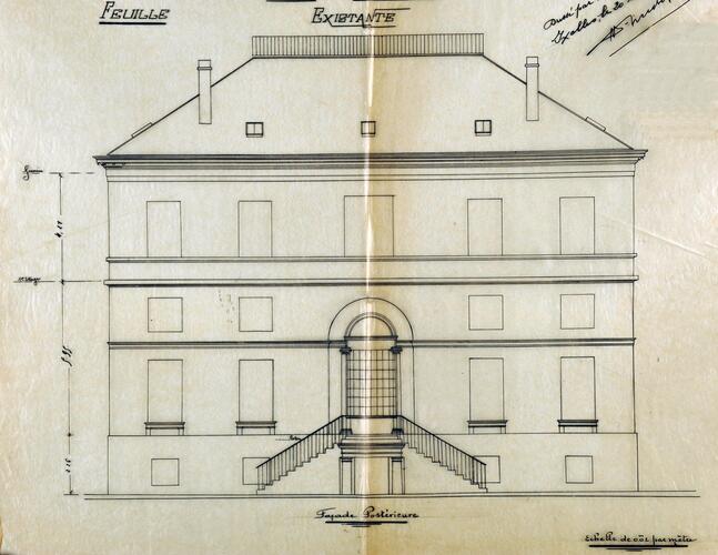 Gemeentehuis van Elsene, opmetingsplan van achtergevel van [i]Pavillon Malibran[/i] door architect Maurice Bisschops, GAE/DS [i]Hôtel communal. Pavillon Malibran.[/i] 10. Farde 101 AC (1909).
