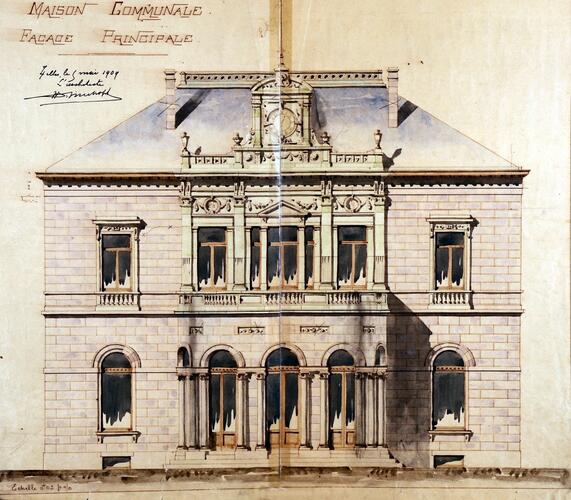Gemeentehuis van Elsene, opstand voorgevel door architect Maurice Bisschops, GAE/DS [i]Hôtel communal. Pavillon Malibran.[/i] 10. Farde 101 AC (1909).