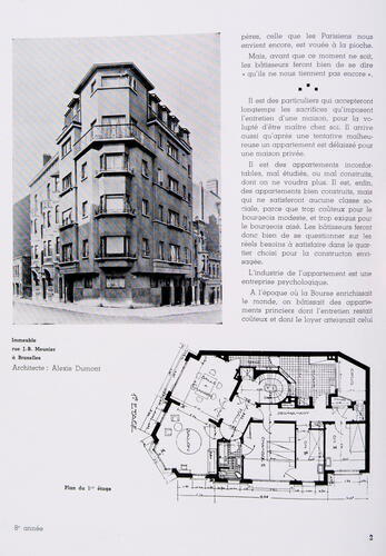 Rue Jean-Baptiste Meunier 44, façade et plan du premier étage ([i]Clarté[/i], 1, 1935, p. 2).