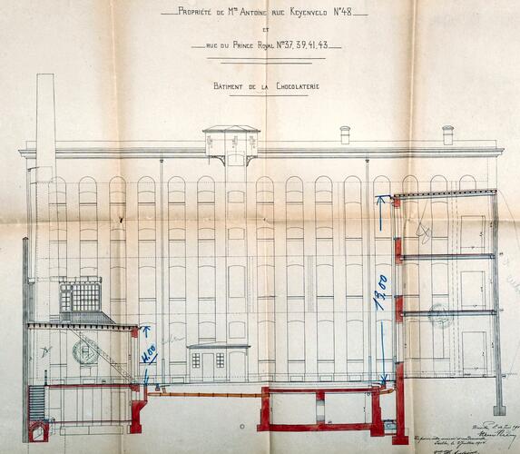 Rue Keyenveld 40-42-44 et rue du Prince Royal 37-39-41, élévation de l’ancienne fabrique de piano, aile A, GAE/DS 257-186-40 (1904).